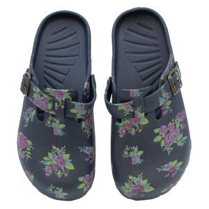Skyline Women's Floral Mule Clogs Slip-On Shoes in Navy Blue, US Size 7